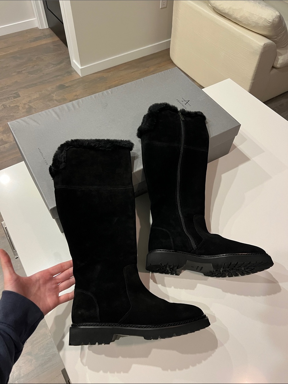 Aquatalia marla black suede leather with faux vegan fur trim zip up long boots 8